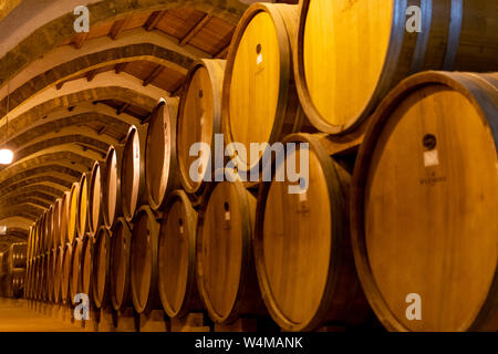 Cave à vin vintage avec de vieux fûts de chêne, production de sec ou doux enrichis de délicieux vin de Marsala Marsala, Sicile, Italie Banque D'Images