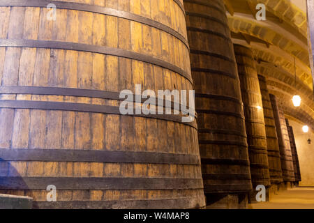 Cave à vin vintage avec de vieux fûts de chêne, production de sec ou doux enrichis de délicieux vin de Marsala Marsala, Sicile, Italie Banque D'Images