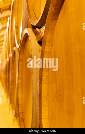 Cave à vin vintage avec de vieux fûts de chêne, production de sec ou doux enrichis de délicieux vin de Marsala Marsala, Sicile, Italie Banque D'Images