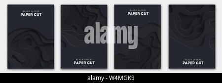 Coupe papier des formes d'onde. Courbe noire design Origami en couches pour les présentations, dépliants, affiches. Ensemble de 4 bannières verticales. Carte 3D abstrait Illustration de Vecteur