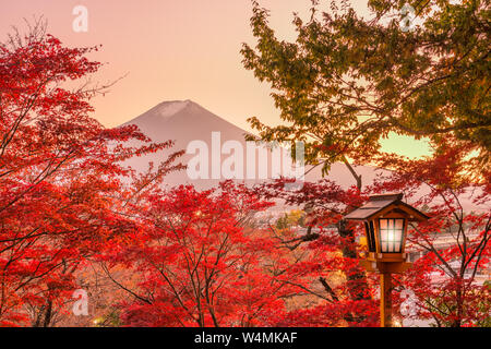 Mt. Fuji, le Japon vu du lac Yamanaka avec feuillage d'automne. Banque D'Images