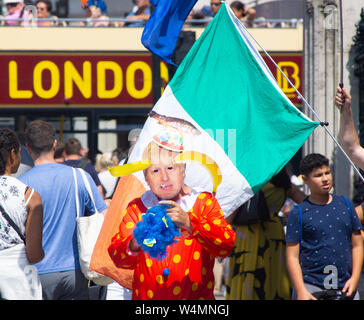 Westminster, London, UK Le 24 juillet. Brexit anti et pro laisser ces militants et contre Boris Johnson, le nouveau Premier Ministre, exprimer leur point de vue de l'avant de la démission du Premier ministre Theresa May, et la nomination de son successeur, le très honorable premier ministre Boris Johnson (en attente). Sur la photo : "Le clown' une performer​ régulièrement à l'extérieur des chambres du Parlement. Credit : Bridget Catterall/Alamy Live News Banque D'Images