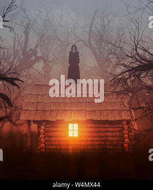Ghost woman in black debout sur le toit d'une cabane en forêt, le rendu 3D Banque D'Images