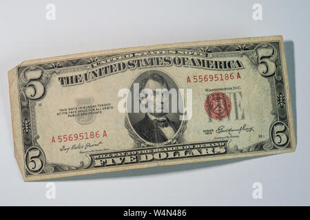 Gros plan d'un vintage US Five Dollar Bill, États-Unis Banque D'Images