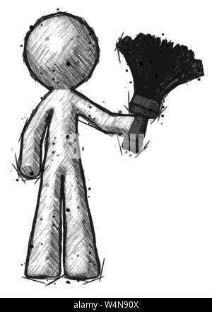 Design Sketch mascot man holding Feather Duster face à l'avant. Banque D'Images