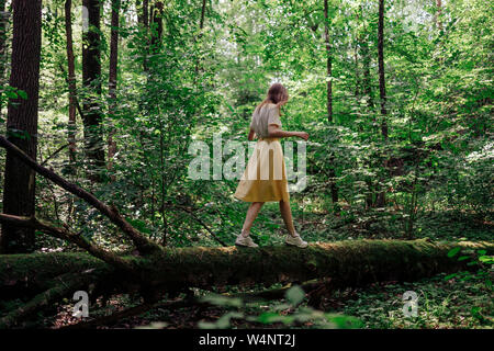 Femme marche à travers un arbre dans la forêt Banque D'Images