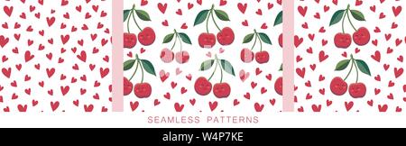 Antécédents positifs. Motif transparent vecteur avec coeurs rouges et cerises répétés sur blanc. Texture sans fin. Caractères de style kawaii Cute avec Illustration de Vecteur