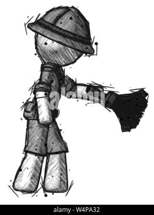 Sketch explorer ranger man dusting avec plumeau vers le bas. Banque D'Images