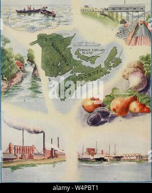 Carte gravée du Nouveau-Brunswick, de la Nouvelle-Écosse, et Princ-du-Prince-Édouard ; scène de pêche, l'extraction du charbon, de chutes et d'usine à bois, fruits et légumes, Iron and Steel Works, et Halifax International Railway, du livre 'l'éducateur américain' par Ellsworth D. Foster et James Laughlin Hughes, 1919. Avec la permission de Internet Archive. () Banque D'Images