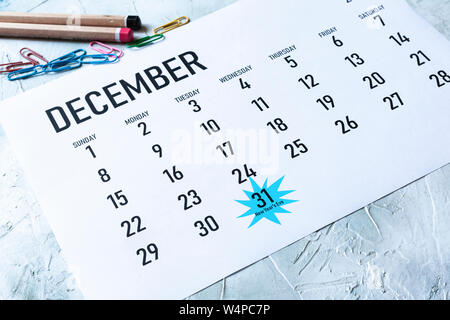 Le réveillon du Nouvel An - Mardi 31 décembre marqués sur Décembre 2019 Calendar Banque D'Images