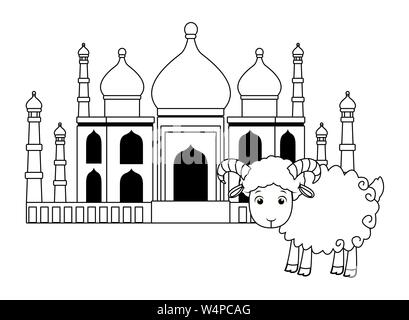 La construction du Taj Mahal et chèvre isolés cartoon en noir et blanc Illustration de Vecteur