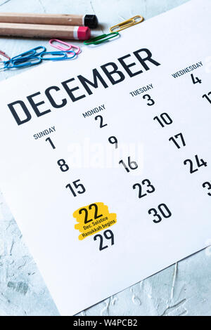 Solstice décembre Hanoukka et début jour - lundi, 22 décembre marqués sur Décembre 2019 Calendar Banque D'Images