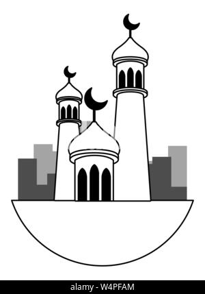 Eid Mubarak tours avec quartier de lune en noir et blanc Illustration de Vecteur