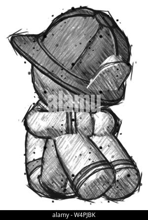 Pompier POMPIER croquis homme assis, la tête en bas l'inclinaison à droite face à. Banque D'Images