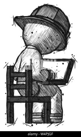 Pompier POMPIER croquis man using laptop computer while sitting in chair vue depuis l'arrière. Banque D'Images