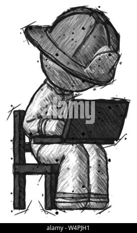 Pompier POMPIER croquis man using laptop computer while sitting in chair l'angle droit. Banque D'Images