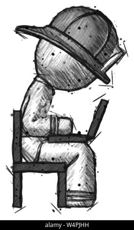 Pompier POMPIER croquis man using laptop computer while sitting in chair Vue de côté. Banque D'Images