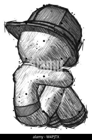 Pompier POMPIER croquis homme assis, la tête en bas, vue arrière vers la droite. Banque D'Images