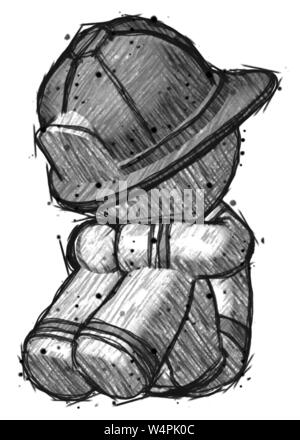 Pompier POMPIER croquis homme assis, la tête en bas, face à la gauche de l'angle. Banque D'Images