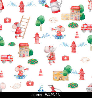 Aquarelle jolie illustration d'un motif sans couture avec dessin animé de l'équipe de sauvetage des animaux. Clip art coloré dessiné à la main Banque D'Images