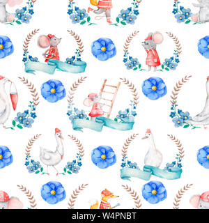 Animaux de sauvetage mignons en cadres fleurs bleues. Zoo sauvage avec cadre fleuri, jeux d'illustrations aquarelle. Goose, souris personnages de dessin animé Wildflowers et Banque D'Images