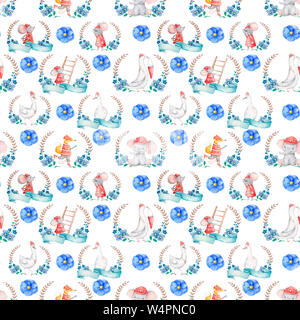 Animaux de sauvetage mignons en cadres fleurs bleues. Zoo sauvage avec cadre fleuri, jeux d'illustrations aquarelle. Goose, souris personnages de dessin animé Wildflowers et Banque D'Images