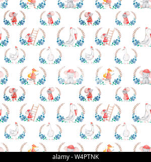 Animaux de sauvetage mignons en cadres fleurs bleues. Zoo sauvage avec cadre fleuri, jeux d'illustrations aquarelle. Goose, souris personnages de dessin animé Wildflowers et Banque D'Images