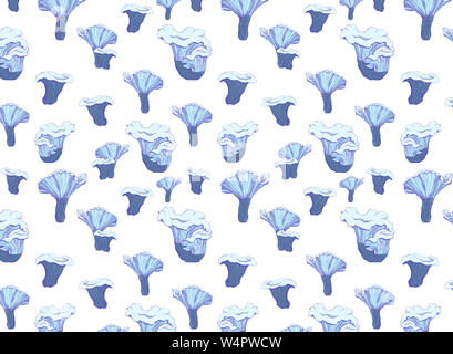 Motif dessiné à la main. Murshrooms bleu et floral blanc sur fond blanc pour l'impression, le tissu, le textile, la fabrication. Illustration bleue colorée Banque D'Images