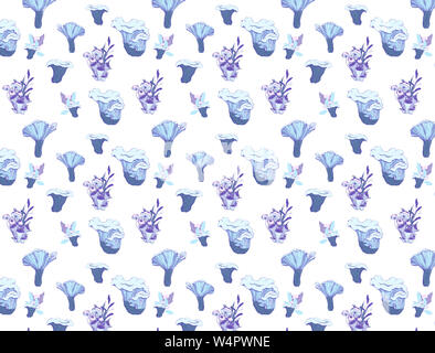 Motif dessiné à la main. Murshrooms bleu et floral blanc sur fond blanc pour l'impression, le tissu, le textile, la fabrication. Illustration bleue colorée Banque D'Images