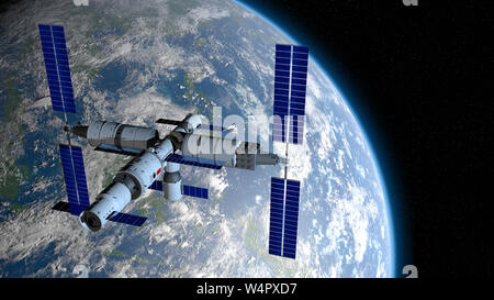 Avis de TIANGONG 3 - station spatiale chinoise en orbite autour de la planète Terre sur noir avec espace stars de fond. 3D Illustration Banque D'Images