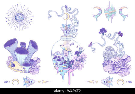 Ensemble moderne Violet Alien Flora. Illustration dessinée à la main, dessin animé, dessin animé avec motif floral abstrait. Carte d'été. Fond du concept d'été Banque D'Images