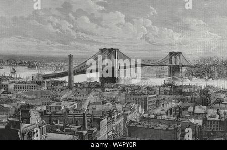 Estados Unidos. Nueva York. Puente Colgante de hierro sobre el 'East River', entre New York, Brooklyn y inagurado el 24 de mayo último. La gravure. La Ilustración Española y Americana, 30 de junio de 1883. Banque D'Images