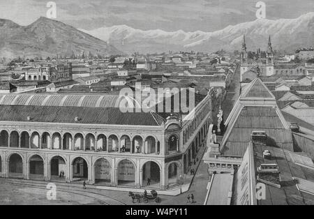 Le Chili. Santiago du Chili. Vista Parcial de la ciudad y de los cerros Inmediatos. 1-Cerro denominado 'De los Condes', 2-Cerro de San Cristobal, 3-Iglesia de la Merced, en la calle de igual nombre, 4-Palacio que fue de D. José Tomás Urmeneta, 5-Portales, Mac-Clure en la Plaza de Armas. Gravure por Bernardo Rico (1825-1894). La Ilustración Española y Americana, 15 de mayo de 1883. Banque D'Images