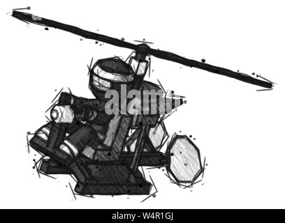 Guerrier ninja croquis man flying in gyrocopter recto le dessus d'angle de vue. Banque D'Images