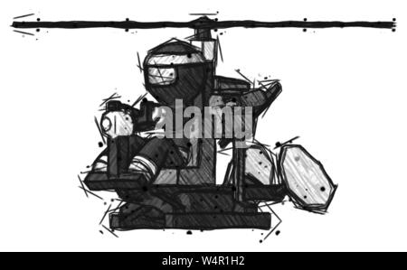 Guerrier ninja croquis homme volant en vue de l'angle latéral avant gyrocopter. Banque D'Images