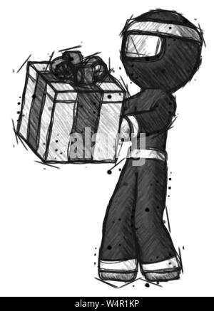 Guerrier ninja croquis man presenting a présent avec grande baie sur elle. Banque D'Images