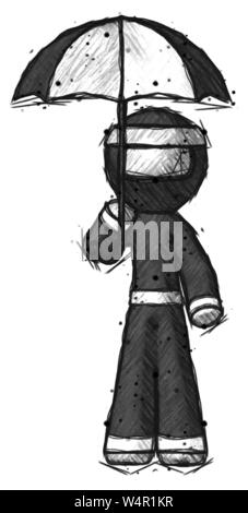 Guerrier ninja croquis homme tenant un parapluie. Banque D'Images