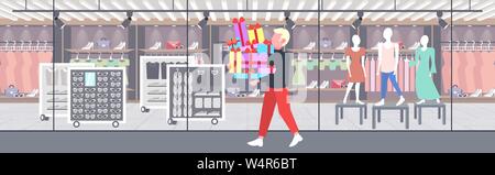 Man carrying pile de cadeaux enveloppés de saison grande vente shopping concept guy holding présente coloré boutique boutique de mode moderne télévision extérieur Illustration de Vecteur