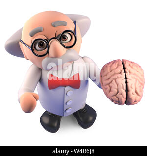 Le professeur Genius mad scientist studies un cerveau humain, illustration 3D render Banque D'Images