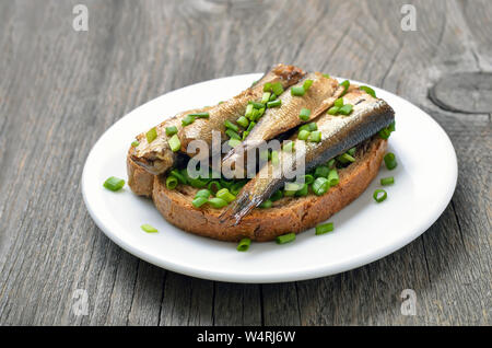 Sandwich de poisson avec des anchois et de l'oignon vert on white plate Banque D'Images