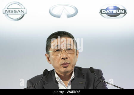 25 juillet 2019, Yokohama, Japon : Hiroto Saikawa président-directeur général de Nissan Motor Corp. annonce la compagnie au premier trimestre résultats financiers pour l'exercice 2019 au siège mondial de Nissan à Yokohama. (Crédit Image : © Rodrigo Reyes Marin/Zuma sur le fil) Banque D'Images