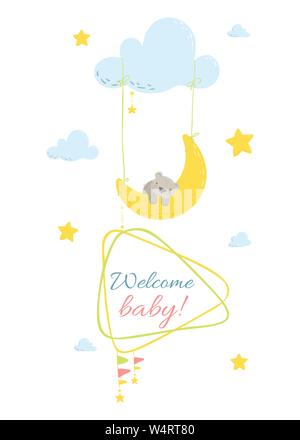 Cute flat hand drawn vector invitation. Carte d'invitation de douche de bébé. Bébé ours avec le bâti. Place pour votre texte. Illustration de Vecteur