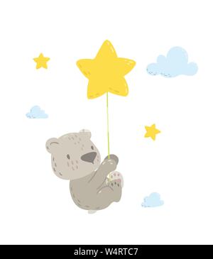 Cute Bear est voler dans un ballon star télévision cartoon vector illustration pour les enfants. Parfait pour t-shirt, impression textile, les enfants portent des pépinières fashion design, carte d'invitation de douche de bébé. Illustration de Vecteur