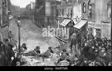 Siège de Sidney Street en janvier 1911. Les soldats exposés fixer le feu sur les révolutionnaires letton au 100, rue Sydney, est de Londres. Banque D'Images