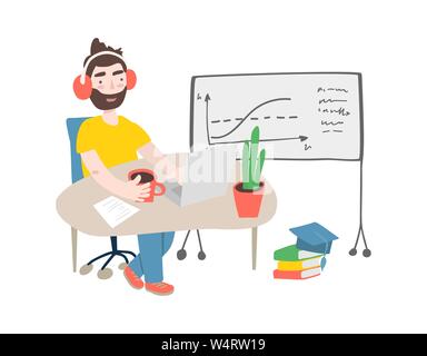 Dans le processus de l'apprentissage des élèves. Illustration de l'homme plate étudier en ligne sur son lieu de travail, à l'aide de son ordinateur portable. Modèle vectoriel avec table de travail, livres, lampe, etc Illustration de Vecteur