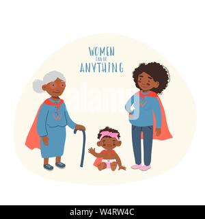 Mère et grand-mère fille super-héros super-héros en costume. Super femme. L'afro-américain de la famille. Vector Cartoon style concept le féminisme les femmes peuvent faire quoi que ce soit pour partie, invitations, web, print. Illustration de Vecteur