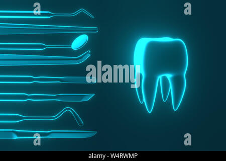 Image d'une dent sur un fond bleu avec un outils de dentiste. Ensemble d'outils pour inspecter dentiste des dents. Le rendu 3D. Banque D'Images