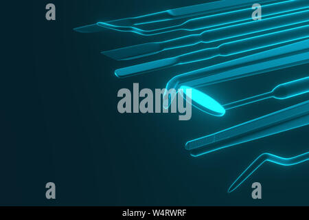 Image d'un outils de dentiste sur un fond bleu. Ensemble d'outils pour inspecter dentiste des dents. Le rendu 3D. Banque D'Images