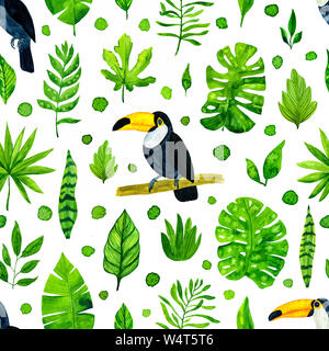 Les feuilles tropicales aquarelle et des toucans. Motif de fond transparent Banque D'Images