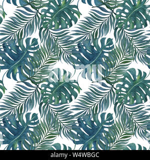 Peint à la main à l'aquarelle transparente avec motif tropical rainforest exotiques tropicaux, laisse l'illustration pour la texture de fond, l'emballage, le papier peint, fa Banque D'Images